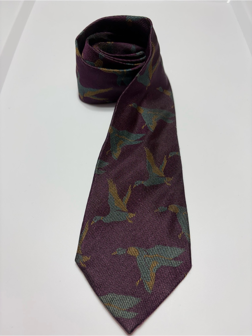 Vintage Neiman Marcus Plum Tie with Teal and Gold Duck Pattern
